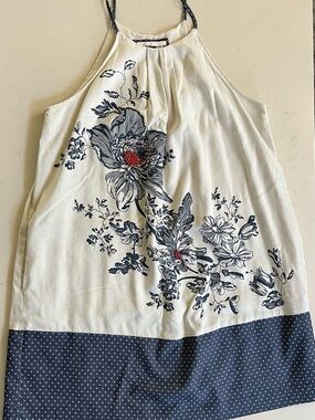 Floreat for Anthropology Cream linen Dress with Navy Floral and beaded Accent